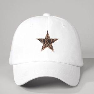 Detail of leopard print star patch embroidery on white cotton twill baseball cap