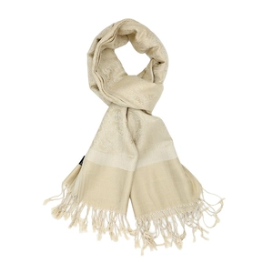 Luxury beige paisley cashmere-feel shawl scarf with tassels for women, minimalist style