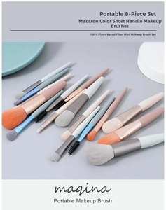 Detail of 8-piece portable makeup brush set with macaron-colored short handles