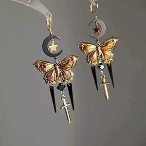 Gothic Butterfly Moon Star Sword Dangle Earrings Alloy Vintage Black Gold Long Tassel Punk Jewelry For Women