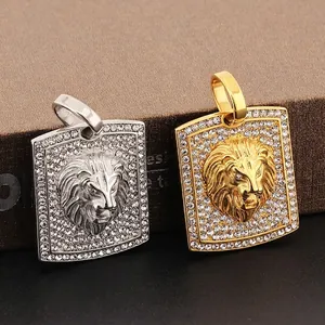 Lion Head Pendant Necklace Stainless Steel Rhinestone Iced Out Hip Hop Rock Jewelry For Men
