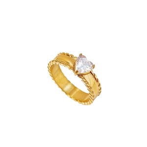 Heart Shaped Zircon Ring Gold Plated Stainless Steel Textured Band Fashion Jewelry For Women Elegant Gift