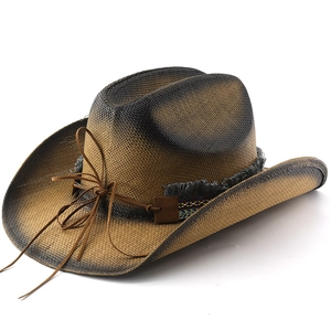 Chapeau de cowboy en paille style western avec finition vieillie et ruban ethnique