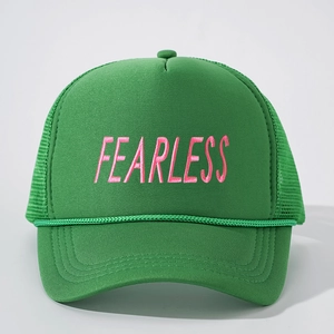 Green mesh trucker hat featuring pink Fearless embroidery and a stylish braided rope accent
