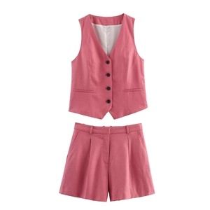 Women Linen Blend V-Neck Vest And High Waist Shorts Peach Pink Casual Summer Streetwear Elegant Sleeveless Suit Outfit