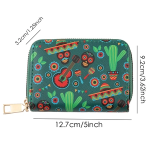 Green gothic skull wallet with Mexican guitar and cactus patterns, 12.7cm width dimensions