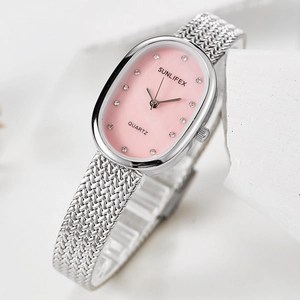 Elegant Women Quartz Watch Oval Dial Rhinestone Indices Milanese Mesh Band Analog Wristwatch Fashionable Dress Jewelry Gift