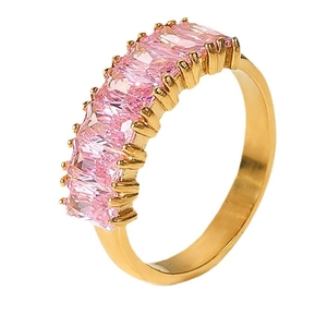 18K gold stainless steel ring featuring a pink rectangular zircon stone for women