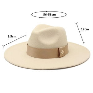 Detail of wool fedora hat with gold bee accent and precise 8.5cm wide brim measurements