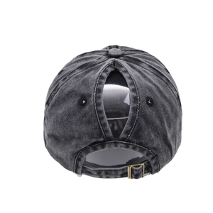 Detail of dark grey washed denim ponytail baseball cap with metal buckle and back opening