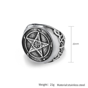 Detailed view of a 25mm vintage stainless steel ring with embossed pentagram and engraving