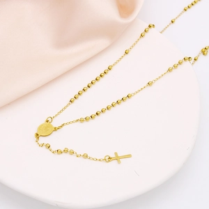 18K gold plated bead chain necklace with Saint Benedict medal and cross pendant