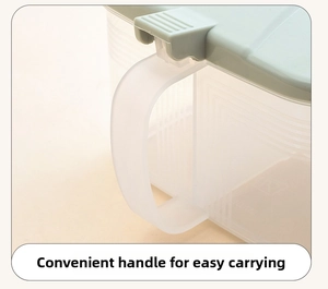 Detail of ergonomic U-shaped handle on a translucent seasoning box for easy carrying