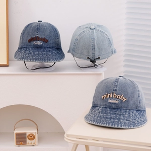 Three washed denim bucket hats for toddlers with adjustable windproof strings and embroidery