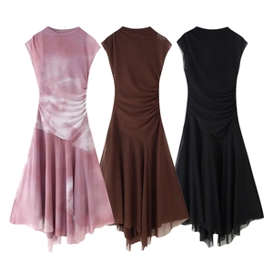 Sleeveless mesh mini dress with ruched waist and irregular hem in multi-color options
