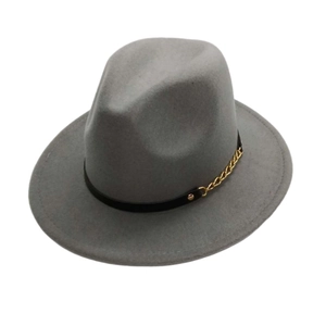 Close-up of grey felt fedora featuring a black faux leather band and gold chain detail