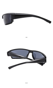 Side and back view of Y2K cycling sunglasses with black frames and dark grey lenses