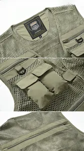 Détails du gilet extérieur vert militaire avec tissu mesh, poche zippée et anneau en D