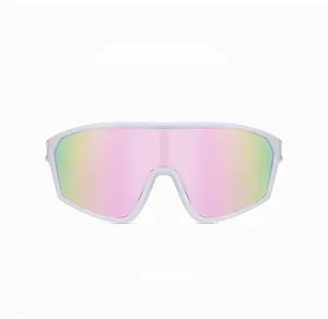 Front view of white sports sunglasses with a large pink mirrored shield lens