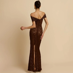 Brown lace off-shoulder evening dress with a sheer mermaid hem and back slit detail