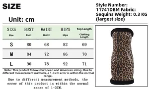 Maattabel voor strapless jurk met luipaardprint en pailletten voor maten S, M en L