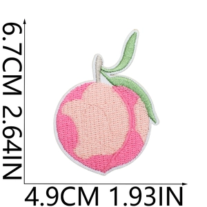 Detail showing pink peach embroidered patch with size dimensions 6.7cm by 4.9cm