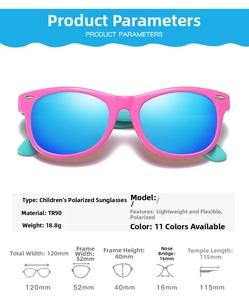 Detailed size chart of polarized children sunglasses showing frame dimensions and TR90 material