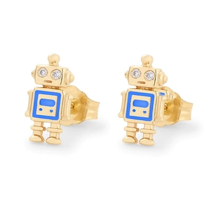 Detail of gold robot stud earrings with blue enamel and clear crystal eyes on white background