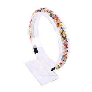 Handmade crystal beaded headband with multi-color rhinestones on a slim metal frame