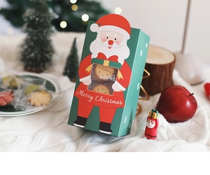 Close-up of green Christmas gift box with Santa motif and biscuits on a cozy knit rug