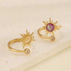 Bohemian sunburst open rings with colorful gemstones in polished gold finish