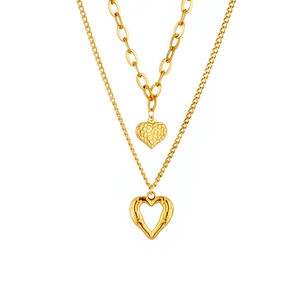 Double-layered gold titanium steel necklace with solid and hollow heart wing pendants