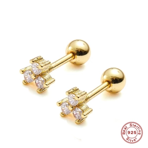 925 Sterling Silver Stud Earrings With Zircon Three Stone Cluster Screw Ball Back Minimalist Jewelry For Women