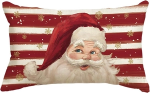 Christmas Santa Claus linen pillow cover with red and white stripes and gold snowflakes
