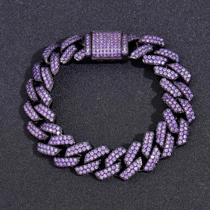 Bracelet cubain 15mm pour homme en zircon violet avec maillons en losange sur métal noir