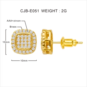 Detail view of 10mm square gold-plated brass stud earrings with AAA zircon inlay