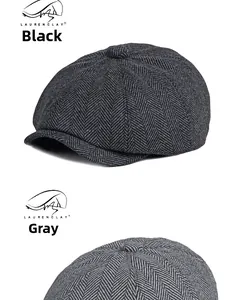 Detail view of herringbone newsboy caps in dark and light grey textures