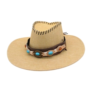 Chapeau de cowboy en paille à large bord avec bande en cuir et pierres turquoise
