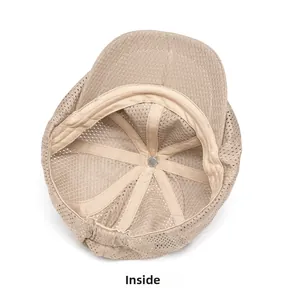Internal view showing breathable mesh structure and sweatband of the khaki flat cap