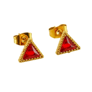 Detail of 18K gold triangle stud earrings with red zircon and beaded edge detailing