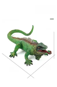 Detailed view of a solid realistic lizard model toy with green texture and size measurements