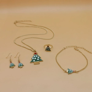 Christmas tree jewelry set with green enamel necklace, bracelet, earrings and ring