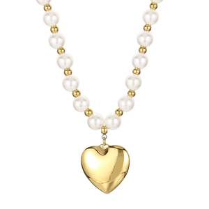 French vintage pearl bracelet with a polished gold heart pendant and gold round beads