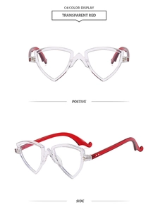 Vue détaillée de la monture triangulaire rouge transparent de face et de profil