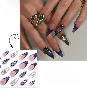 Detailed 3D silver relief on purple cat-eye stiletto nails with French tips style