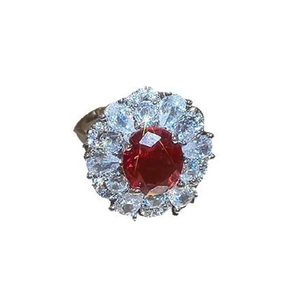 Vintage gold plated court style ring with oval red gemstone and zircon accents