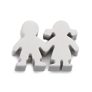 Polished stainless steel pendant featuring a minimalist boy and girl holding hands