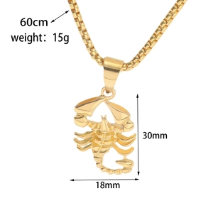 Detailed size chart for gold scorpion pendant featuring 60cm box chain and 30mm dimensions