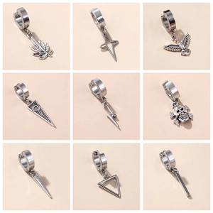Stainless Steel Hoop Drop Earrings Punk Hip Hop Street Style Lightning Feather Skull Pendant Jewelry For Men Women