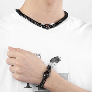 Polished black Cuban chain necklace and bracelet set with ruby red stone buckle for men